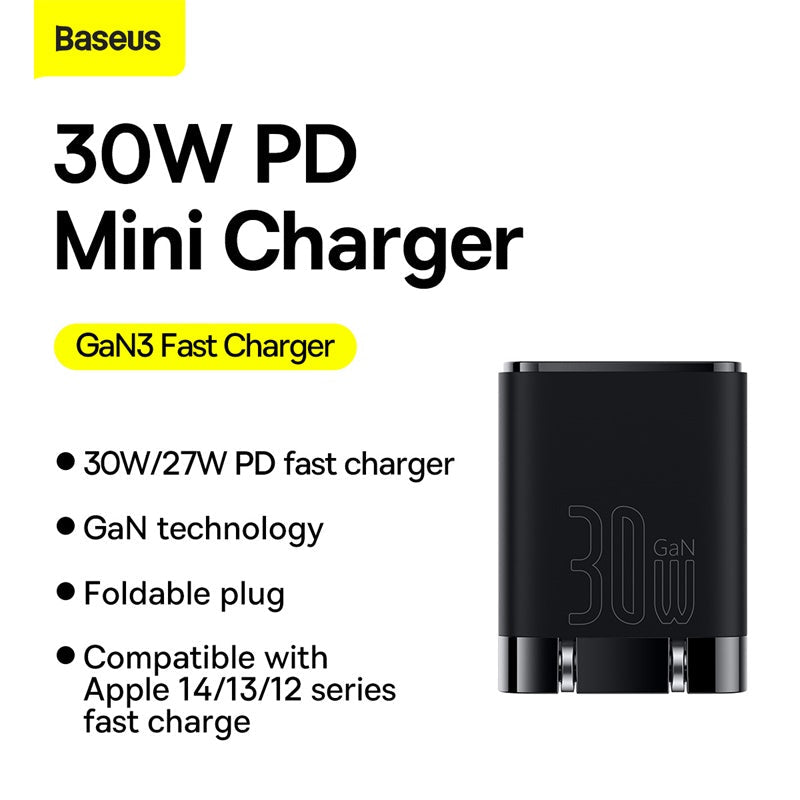 Original Baseus 30W PD GaN3 USB-C Fast Charger Power Adapter with Foldable Plug
