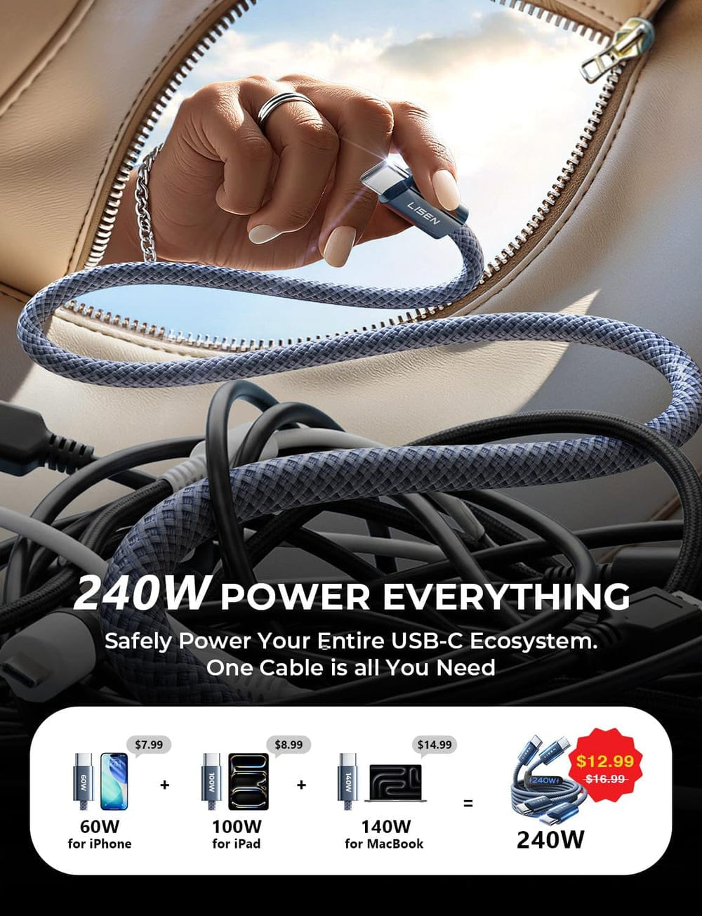 Original LISEN 240W (2M) USB C to USB C Cable